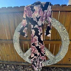 Veronica M Asymmetrical Dress with Black and Purple Floral. Size Small.